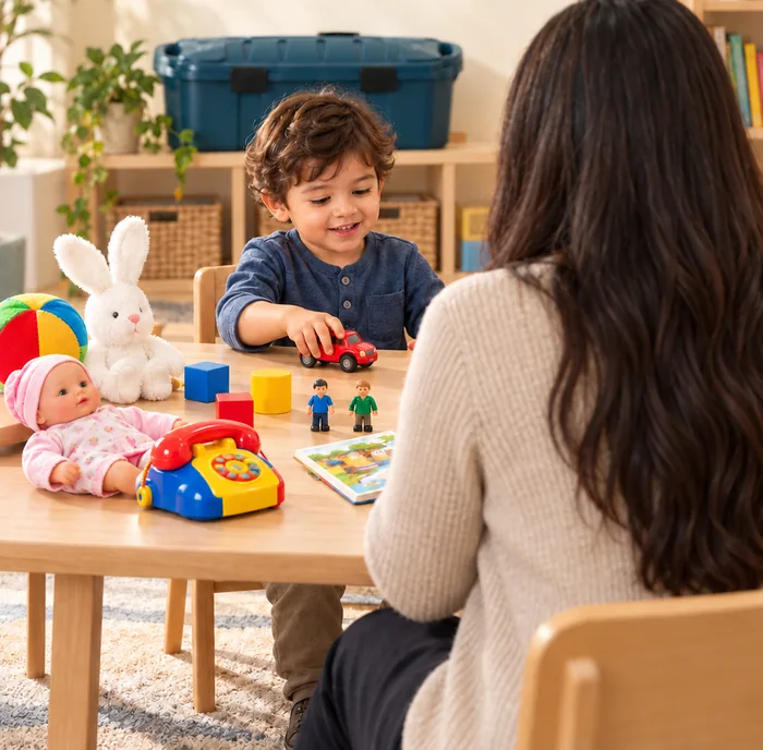 Niño jugando con el material de la prueba ADOS-2 frente a la evaluadora