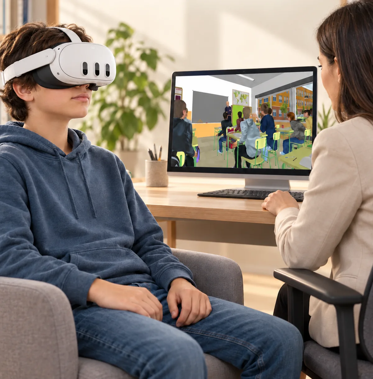 Adolescente con visor de realidad virtual durante la prueba AULA de Nesplora, junto a la neuropsicóloga